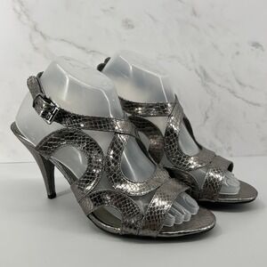 Bandolino Juana Metallic Snakeskin Embossed Dress Sandals Pewter 8.5M